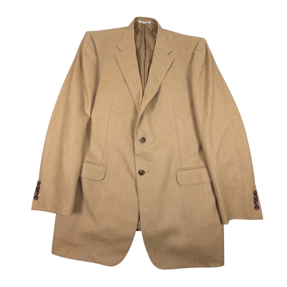 Corneliani Vogue USA Men Blazer  Herringbone Wool Cashmere Tan Italy 46L